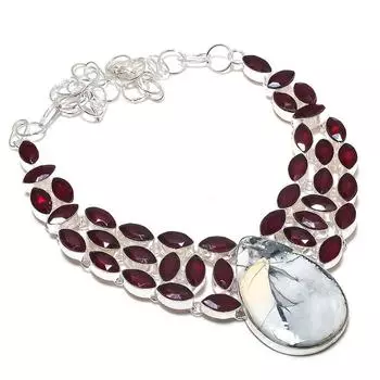 Ювелирное ожерелье из серебра 925 пробы с натуральным яшмой Малигано и гранатом 18 дюймов E0s84