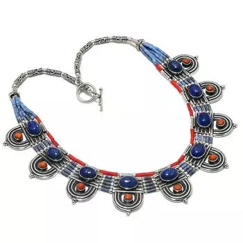 Ювелирное ожерелье из серебра 925 пробы с лазуритом и кораллом 18 дюймов P7N62