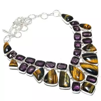 Ювелирное ожерелье из серебра 925 пробы с натуральным тигровым глазом и аметистом 18 дюймов g6N72