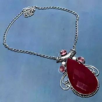 Ювелирное ожерелье из серебра 925 пробы с натуральным рубином и кунцитом 18 дюймов K2I52