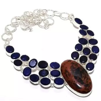 Ювелирное ожерелье из серебра 925 пробы с обсидианом красного дерева и сапфиром 18 дюймов MQ-1197 18 синий