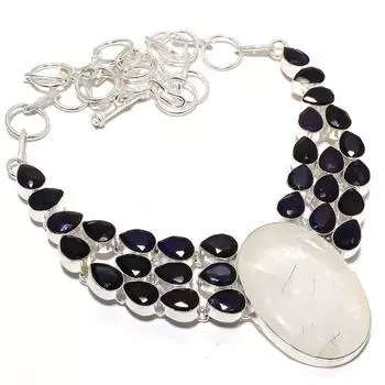 Ювелирное ожерелье из серебра 925 пробы с черным рутиловым кварцем и сапфиром 18 дюймов MQ-1217 18 чёрный