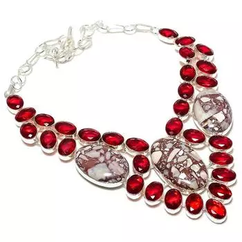 Ювелирное ожерелье из стерлингового серебра 925 пробы с натуральным диким конем и гранатом ручной работы 18 дюймов U3g02