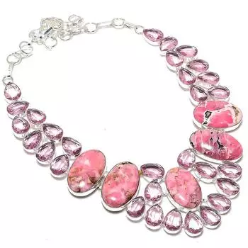 Ювелирное ожерелье из стерлингового серебра 925 пробы с натуральным родохрозитом и кунцитом 18 дюймов E3e17