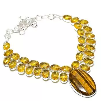 Ювелирное ожерелье из стерлингового серебра 925 пробы с натуральным тигровым глазом и цитрином ручной работы 18 дюймов b4v82