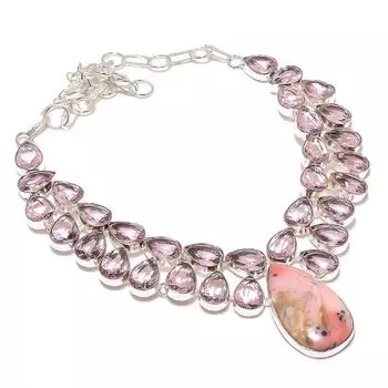 Ювелирное ожерелье из стерлингового серебра 925 пробы с натуральным розовым опалом и кунцитом ручной работы 18 дюймов U0m87