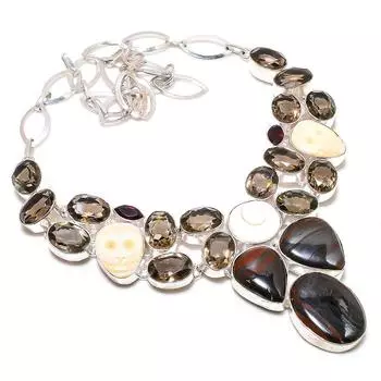 Ювелирное ожерелье из стерлингового серебра 925 пробы с железным тигровым глазом и дымчатым топазом 18 дюймов P0O85 красный