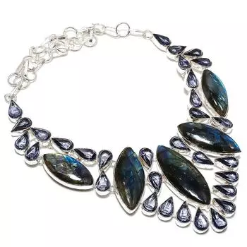 Ювелирное ожерелье из стерлингового серебра 925 пробы с натуральным лабрадоритом и аметистом 18 дюймов O7f98