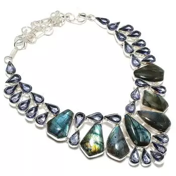 Ювелирное ожерелье из стерлингового серебра 925 пробы с натуральным лабрадоритом и аметистом 18 дюймов L3N11