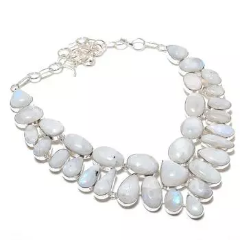 Ювелирное ожерелье ручной работы из серебра 925 пробы с радужным лунным камнем 18 дюймов P5h03