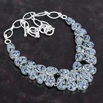 Ювелирное ожерелье ручной работы из стерлингового серебра 925 пробы со снежинкой и обсидианом 18 дюймов AMN-670