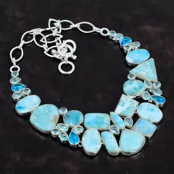 Ювелирное ожерелье ручной работы из стерлингового серебра 925 пробы с драгоценным камнем Ларимар 18 дюймов AMN-648J