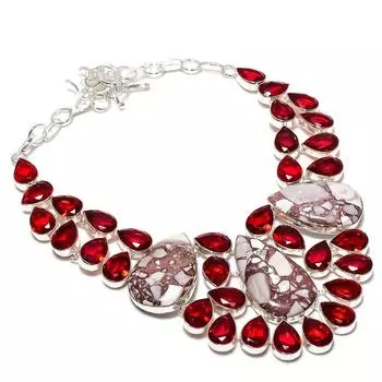 Ювелирное ожерелье ручной работы из стерлингового серебра 925 пробы с натуральной дикой лошадью и гранатом 18 дюймов W4q33