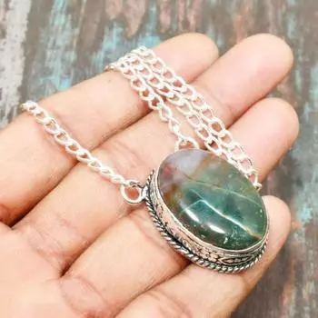 Ювелирное ожерелье ручной работы из стерлингового серебра 925 пробы с кровавым камнем для нее 19 inches зелёный