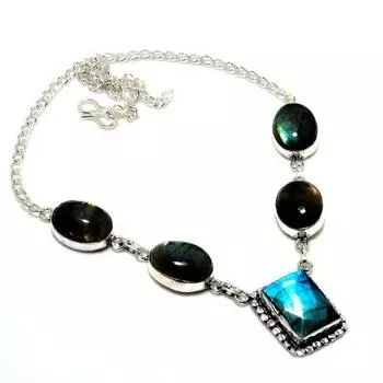 Ювелирное ожерелье ручной работы с драгоценным камнем Лабрадорит 925 пробы, посеребренное, 18 дюймов 18 чёрный