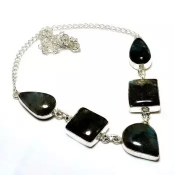 Ювелирное ожерелье ручной работы с драгоценным камнем Лабрадорит 925 пробы, посеребренное, 18 дюймов 18 чёрный