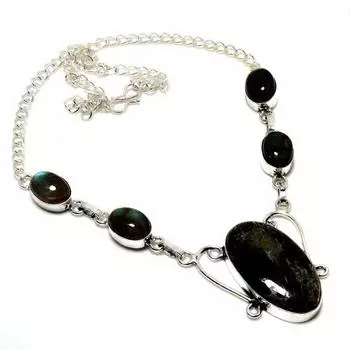 Ювелирное ожерелье ручной работы с драгоценным камнем Лабрадорит 925 пробы, посеребренное, 18 дюймов 18 чёрный