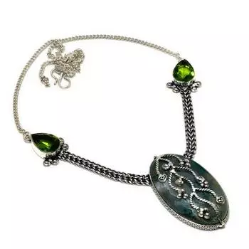 Ювелирное ожерелье с индийским моховым агатом и перидотом 925 пробы, посеребренное, 18 дюймов 18 зелёный