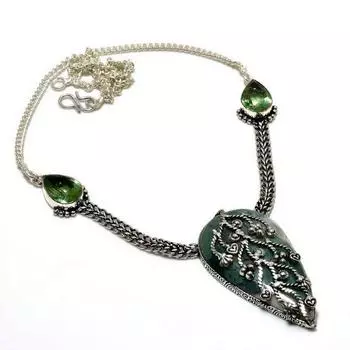 Ювелирное ожерелье с индийским моховым агатом и перидотом 925 пробы, посеребренное, 18 дюймов 18 зелёный