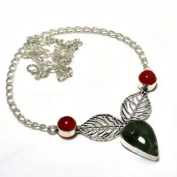 Ювелирное ожерелье с индийским моховым агатом, сердоликом, серебром 925 пробы, 18 дюймов 18 зелёный