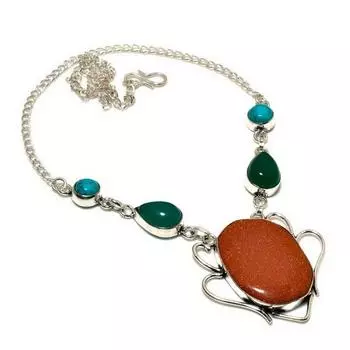 Ювелирное ожерелье с красным солнечным камнем, зеленым ониксом и посеребренным камнем 925 пробы, 18 дюймов 18 красный