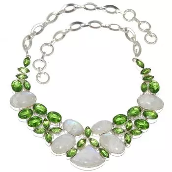 Ювелирное ожерелье с радужным лунным камнем и перидотом 16-18 дюймов