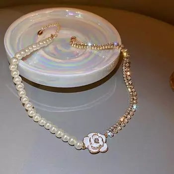 Ювелирные аксессуары, ожерелье с белым цветком, ожерелье с камелией и стразами, жемчужная цепочка, колье на свадьбу белый