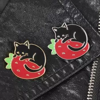 Ювелирные изделия Аксессуары Клубника Черный Кот Булавка Кошка Брошь Брошь на лацкан Эмаль Броши Булавка золотой