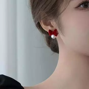 Ювелирные изделия Аксессуары Серьги-гвоздики с жемчугом и бантом Красный Черный Серьги-гвоздики с жемчугом и бантом Премиум-подарок чёрный