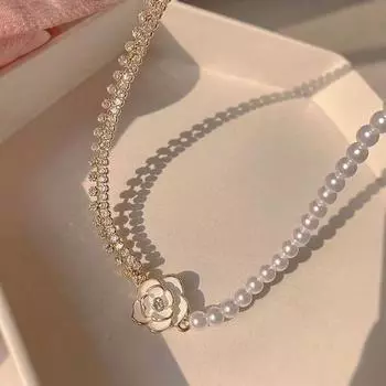 Ювелирные изделия Аксессуары Жемчужная цепочка Чокер Камелия Стразы Ожерелье Белый цветок Ожерелье Подарок белый