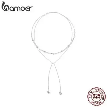 Ювелирные изделия BAMOER из стерлингового серебра 925 пробы, двухслойное ожерелье с сердечком любви, подвеска из белого золота, изысканное колье для женщин и девочек BSN373