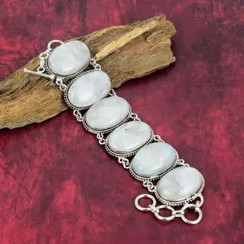 Ювелирные изделия-браслет ручной работы с радужным лунным камнем, Ювелирные изделия из стерлингового серебра 925 пробы для нее, Ювелирные изделия из лунного камня, регулируемый браслет для нее 8 Inches With Adjustable белый