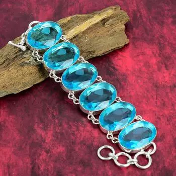 Ювелирные изделия-браслет ручной работы со швейцарским голубым топазом, Ювелирные изделия из стерлингового серебра 925 пробы, Серебряный браслет-цепочка с драгоценными камнями, Стильные украшения ручной работы для нее 8 Inches With Adjustable синий