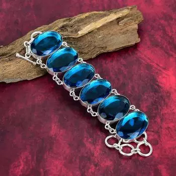 Ювелирные изделия-браслет с граненым синим топазом, Ювелирные изделия из стерлингового серебра 925 пробы, удивительные украшения из драгоценных камней для нее, Браслет с топазом ручной работы для любви 8 Inches With Adjustable синий