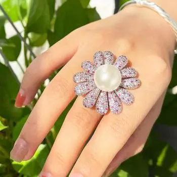 Ювелирные изделия CMM, эксклюзивный дизайн, большой цветок, регулируемое трехмерное женское вечернее кольцо с искусственным жемчугом разноцветный
