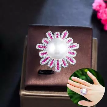 Ювелирные изделия CMM изменяемого размера, роскошные большие массивные кольца фуксии с кубическим цирконием и цветком из искусственного жемчуга для женщин, ювелирные изделия для помолвки и вечеринки разноцветный