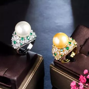 Ювелирные изделия CMM Регулируемый зеленый кубический цирконий большой искусственный жемчуг обручальные кольца для женщин CZ ювелирные изделия для свадебной вечеринки Adjustable серебряный