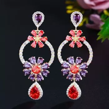 Ювелирные изделия CMM золотого цвета с кубическим цирконием и цветком серьги-капли разноцветный