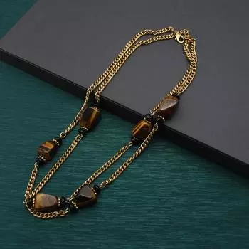 Ювелирные изделия, длинная ретро-цепочка, ожерелье с двойным кольцом и камнем тигровый глаз, антикварное универсальное ожерелье