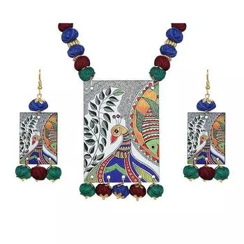Ювелирные изделия для менее красивых Подвеска Warli Painting Faces с разноцветными хлопковыми бусинами, ожерелье ручной работы с регулируемой нитью и серьги-подвески