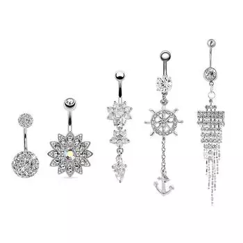 Ювелирные изделия для пирсинга из 5 предметов, комбинированный набор колец для пупка с кисточками и цирконием в пупке