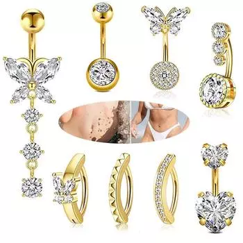 Ювелирные изделия для пирсинга из нержавеющей стали, сердце-бабочка, двойной бриллиант, циркон, кольцо для пупка, Европейский и американский сексуальный пупок, пупок