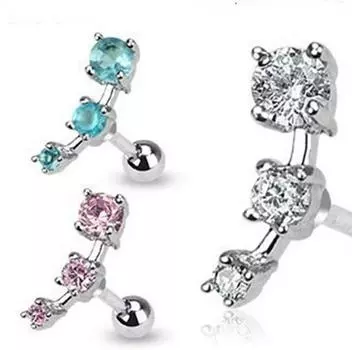 Ювелирные изделия для пирсинга из нержавеющей стали. Нежные квадратные серьги-гвоздики с тремя бриллиантами. синий