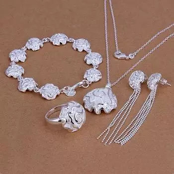 Ювелирные изделия для свадебной вечеринки для женщин, женские очаровательные розы, кулон, ожерелье, серьги-гвоздики, браслеты, кольцо, серебряные комплекты ювелирных изделий из серебра 925 пробы