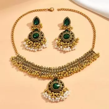 Ювелирные изделия, драгоценные камни в этническом ретро стиле, бусы, комплект украшений из 2 предметов, серьги, ожерелья.