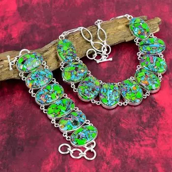 Ювелирные изделия Fiesta Kingman с бирюзой и драгоценными камнями, комплект ожерелья и браслета из стерлингового серебра 925 пробы, дизайнерский набор ручной работы для любви Adjustable With 8 -18 зелёный
