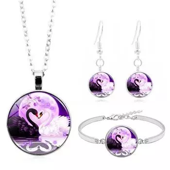 Ювелирные изделия, фиолетовый круглый бренд, черный и белый лебедь, ожерелье с драгоценными камнями времени, браслет, серьги, комплект ювелирных изделий для женщин фиолетовый