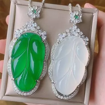 Ювелирные изделия Халцедон Зеленый Халцедон Белый Халцедон Большой Лист Аксессуары Универсальное Ожерелье Подвеска