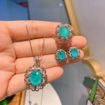 Ювелирные изделия имитация натурального параиба ожерелье свадебный ужин ювелирные изделия из трех частей серьги-гвоздики кольцо