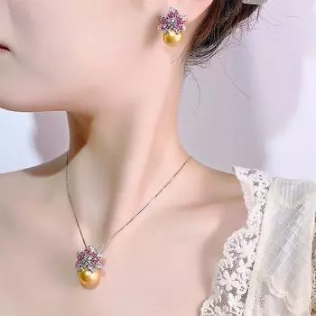 Ювелирные изделия Имитация натурального жемчуга Серебряная игла Шампанское Золото Жемчуг Бриллиант Цветок Серьги Ожерелье Универсальная женщина